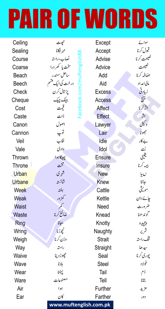 Pair of Words in English and Urdu