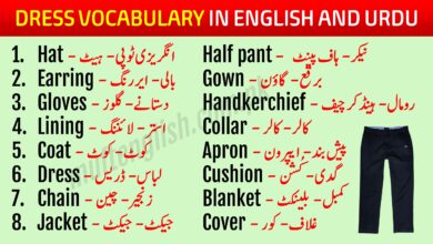 Dress Vocabulary in English with Urdu Meaning Learn 88 Best Dress Vocabulary in English with Urdu Meaning PDF with pronunciation this lesson will help you speak English while shopping and while talking about garments and dresses. We hesitate while buying any dress and having conversations with the shopkeeper because we know only the Urdu names of these dresses but don't know the English words for these dresses and garments. Dress Vocabulary in Urdu and English After learning these Dress Vocabulary in English and Urdu you will grow your English Vocabulary and English speaking. There are different names of these dresses in our regional languages but we should know the English Words for these dresses and garments. This lesson will enhance your speaking skills as well and you will be able to use the correct pronunciations of these words. Vocabulary for Dresses with Urdu List-1 This list has common dress vocabulary used in our daily speaking while talking about someones dressing. Hat - انگریزی ٹوپی - ہیٹ Earring - بالی - ایر رنگ Gloves - دستانے - گلوز Lining - استر - لائننگ Coat - کوٹ - کوٹ Dress - لباس - ڈریس Chain - زنجیر - چین Jacket - جیکٹ - جیکٹ Half pant -  نیکر - ہاف پینٹ Gown - برقع - گاؤن Handkerchief - رومال - ہینڈکر چیف Collar - کالر - کالر Apron - پیش بند - ایپرون Cushion - گدی - کُشن Blanket - کمبل - بلینکٹ Cover - غلاف - کور Cloak - لبادہ - کلاک 88 Best Dress Vocabulary in English with Urdu List-2 This is list no 2 of dress vocabulary with their meanings in Urdu and we have also mentioned the correct pronunciations of these words so that you can utilize them in your speaking. Cap - ٹوپی - کیپ Bodice - انگیا -بوڈیس Button - بٹن - بٹن Belt - کمر بند - بیلٹ Blouse - چوبی - بلاؤز Breeches - پاجامہ - بریچیز Chester - اور کوٹ - چیسٹر Cotton - سوتھی  کپڑہ - کوٹن Canvas - موٹا  کپڑہ - کینواز Button hole - کاج - بٹن ہول Frill - جھالر - فریل Holdall - بستر بند - ہولڈ آل Guaze - جالی - گیز Doreas - ڈوری - ڈوریاز Weeds - ماتمی لباس - ویڈس Light color - ہلکے رنگ - لائٹ کلر Woolen - اونی - وولن Suit - سوٹ -سوٹ Thread - دھاگہ - تھریڈ Shawl - شال - شال Long skirt - لہنگا - لانگ سکرٹ Scarf - دوپٹہ - سکارف Stitch - ٹانکہ - ستیچ Yarn - نلکی - یارن Silk - ریشم - سلک Lace - تسمہ - لیس Quilt - رضائی - قویلٹ Turban - پگڑی - ٹربان Uniform - وردی - یونفارم Slippers - چپل - سلیپرز Stockings - بڑی جرابیں - سٹاکنگز Pocket - جیب - پاکٹ Shirt - قمیض - شرٹ Muslin -  ململ - مسلین Needle - سوئی - نیڈل Oil cloth - موم جامہ - آئل کلاتھ Overcoat - بڑا کوٹ - اوور کوٹ Sleeves - آستین - سلیوز Sheet - چادر - شیٹ Velvet - مخمل - ویلویٹ Trouser - پتلون - ٹراوزر Socks - جرابیں - ساکس Shoes - جوتیں - شوز Sunglasses - دھوپ والی عینک - سن گلاسز Sweater - جیکٹ - سویٹر Hoodie - موٹی جیکٹ - ہُوڈائی Veil - برقع - ویل Tunic shirt - لمبیی قمیض - ٹیونیک شرٹ Vest - بنیان - ویسٹ Boots - جوتے - بُوٹس Nighty - سونے والا لباس - نائٹی Save These Dress Vocabulary Words and Practice them Later You can save these English to Urdu vocabulary words in picture format on your phone and practice them later. This list of dress vocabulary has more than 50 vocabulary related dress and house items commonly used everywhere. See more lesson 101 Basic English to Urdu Vocabulary PDF 111 Vegetables Names in English and Urdu with Pictures 105 Professions Names in English With Urdu Meaning