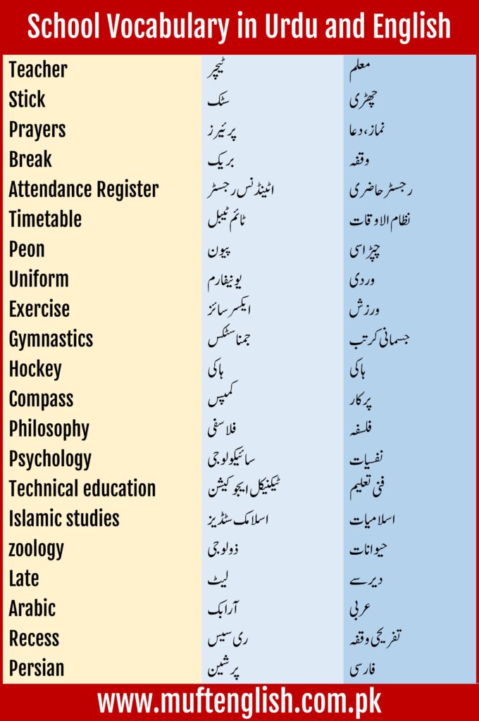 School and Education Vocabulary in Urdu and English