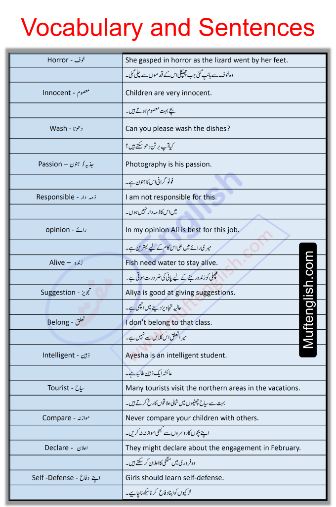 38 English to Urdu Vocabulary and Sentences