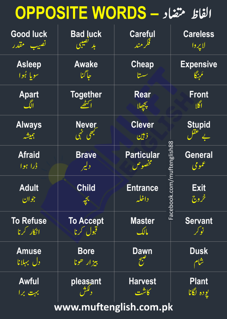 Opposite Words in English with Urdu Meanings