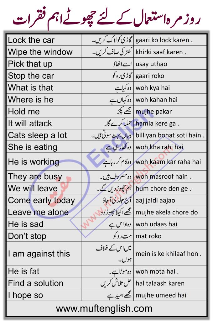 Daily Use Short Sentences in English and Urdu-muftenglish.com.pk