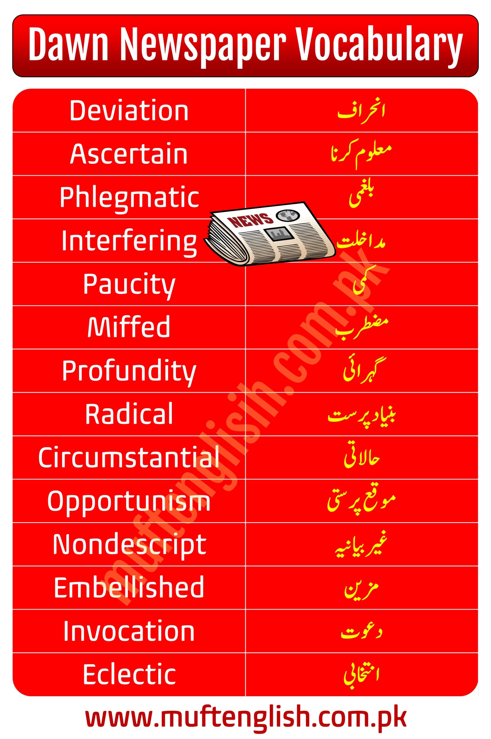 Dawn Vocabulary List with Urdu Meaning