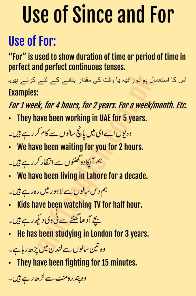 Use of Since and For in Urdu and English